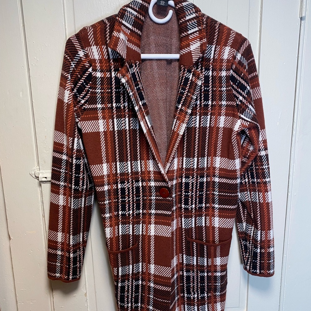 Adrienne Vittadini Plaid Brown and White Cardigan Size MEDIUM